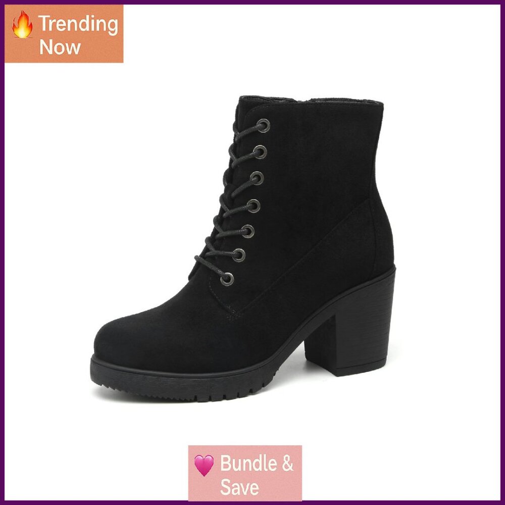 Women's Chunky Heel Ankle Boots Lace-Up Side Zipper 3-Inch Heel